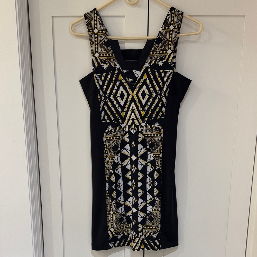 BCBGMaxAzria Black Dress with Gold and White Geometric Print
